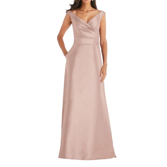 Alfred Sung Off the Shoulder Satin Maxi Dress in Toasted Sugar Pink - Picture 1 of 9